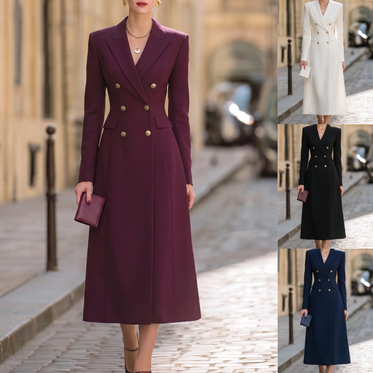 Doppelt-knopf Damenanzug-Kleid mit Revers und langen Ärmeln - 5 - Jasminaboutique.com