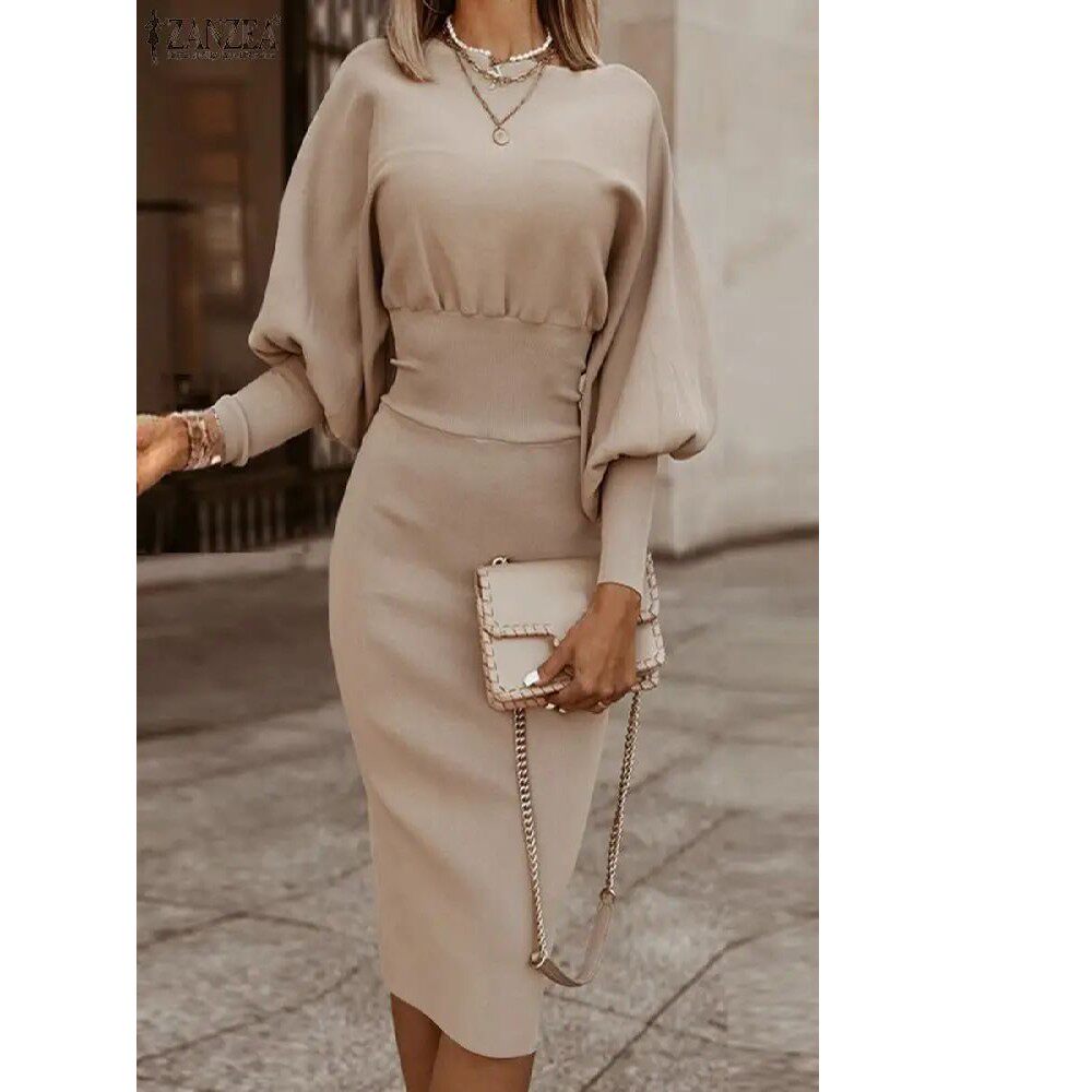 Figurschmeichelndes Damen Bodycon Kleid mit Puffärmeln - 1 - Jasminaboutique.com