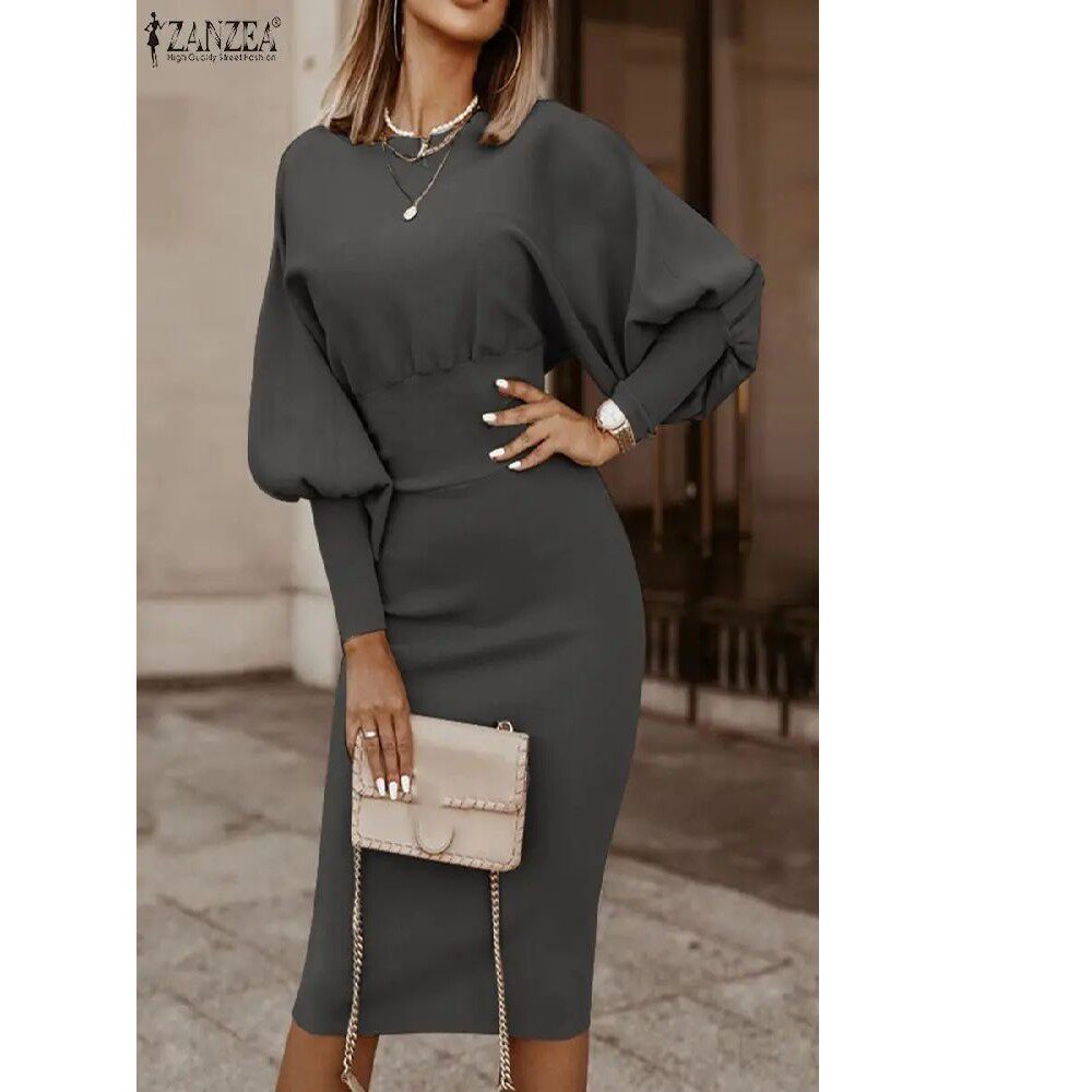 Figurschmeichelndes Damen Bodycon Kleid mit Puffärmeln - 2 - Jasminaboutique.com