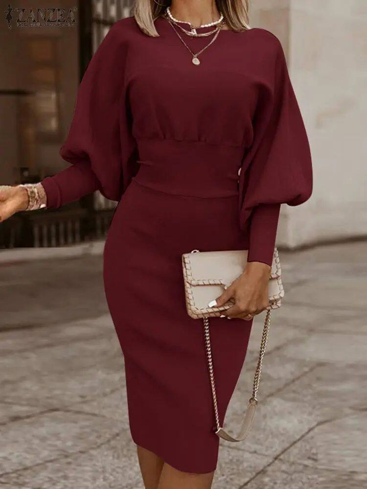 Figurschmeichelndes Damen Bodycon Kleid mit Puffärmeln - 3 - Jasminaboutique.com