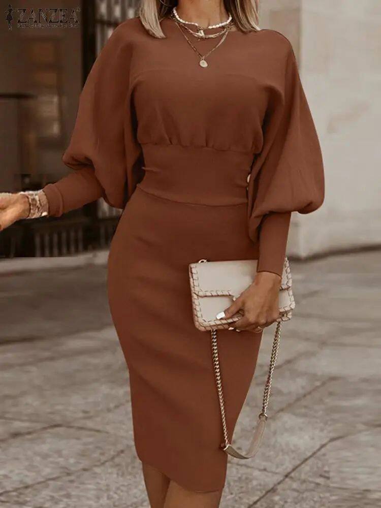 Figurschmeichelndes Damen Bodycon Kleid mit Puffärmeln - 5 - Jasminaboutique.com