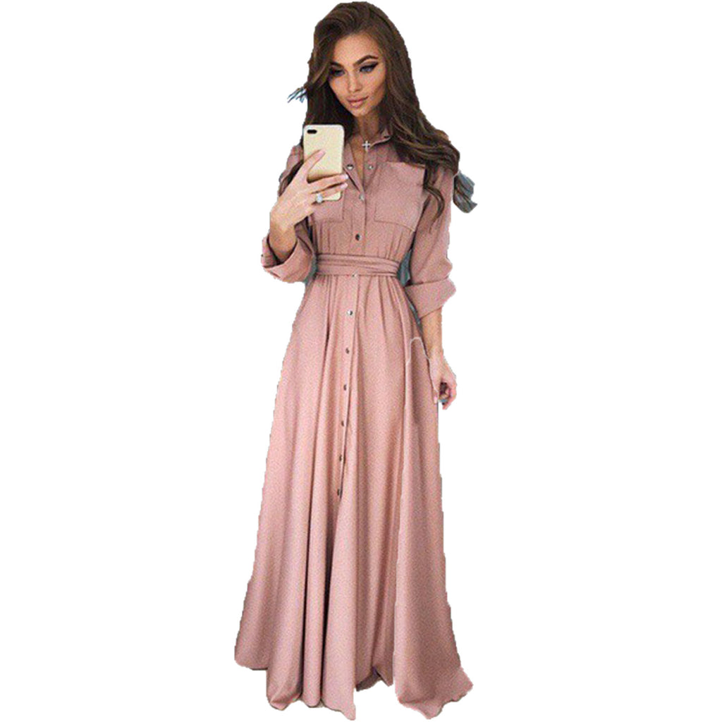Damen Langarm Hemdblusenkleid mit Taillengürtel - 1 - Jasminaboutique.com