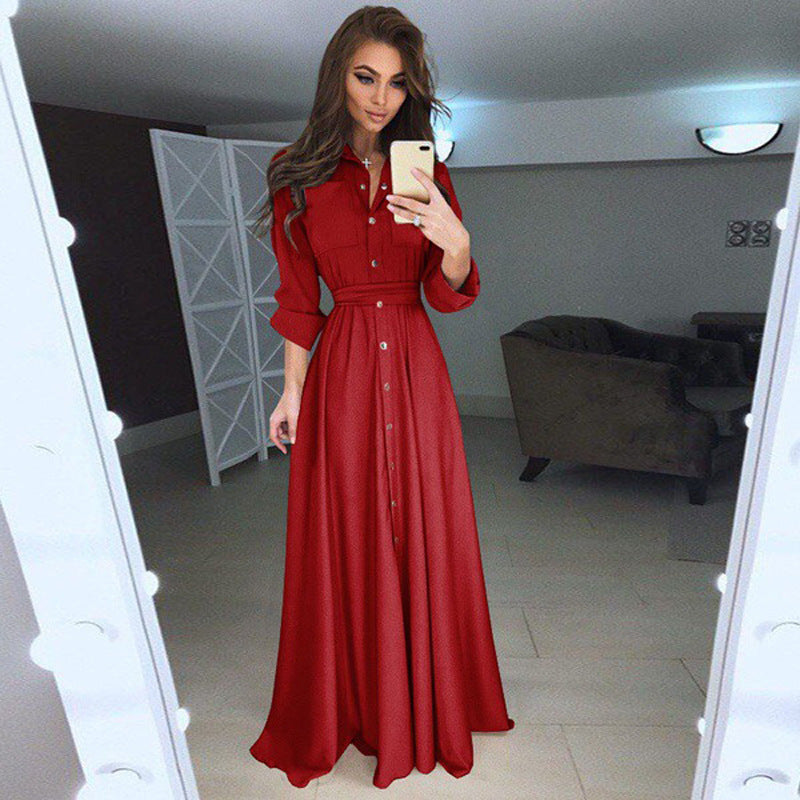 Damen Langarm Hemdblusenkleid mit Taillengürtel - 3 - Jasminaboutique.com