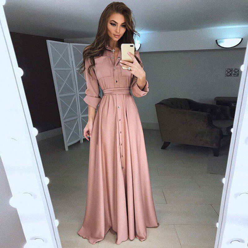 Damen Langarm Hemdblusenkleid mit Taillengürtel - 9 - Jasminaboutique.com