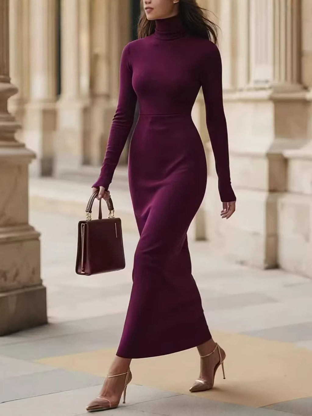 Elegantes Kleid Damen Slim-Fit mit Rollkragen - 2 - Jasminaboutique.com