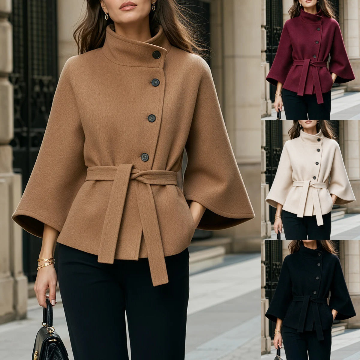 Damenmantel mit ausgestellten Ärmeln und schrägen Knöpfen - 1 - Jasminaboutique.com