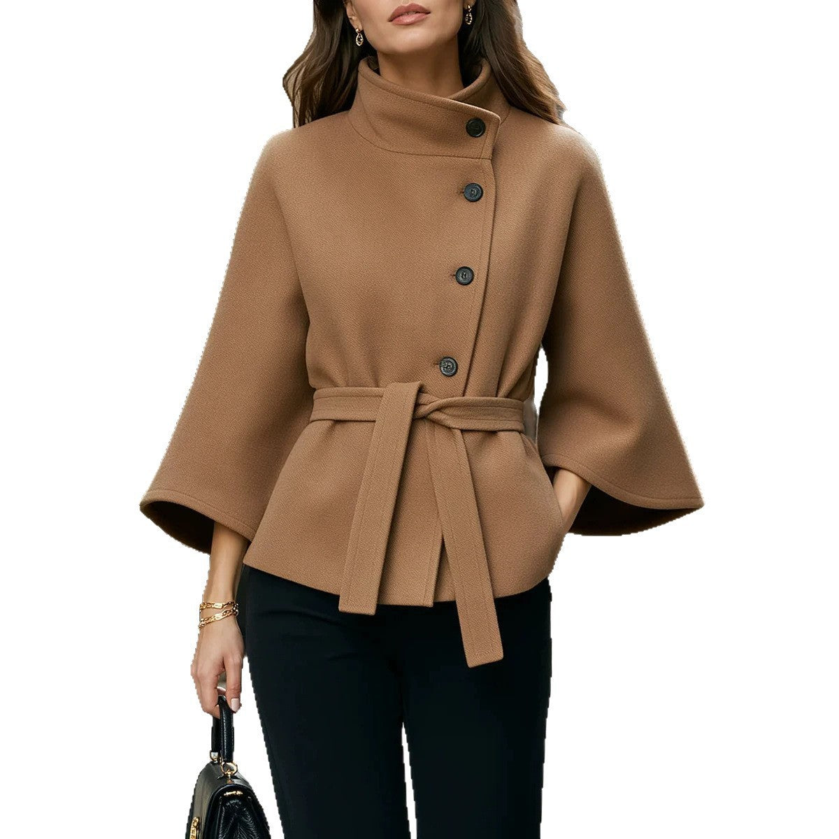 Damenmantel mit ausgestellten Ärmeln und schrägen Knöpfen - 4 - Jasminaboutique.com