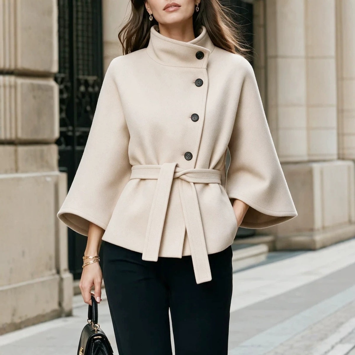 Damenmantel mit ausgestellten Ärmeln und schrägen Knöpfen - 5 - Jasminaboutique.com