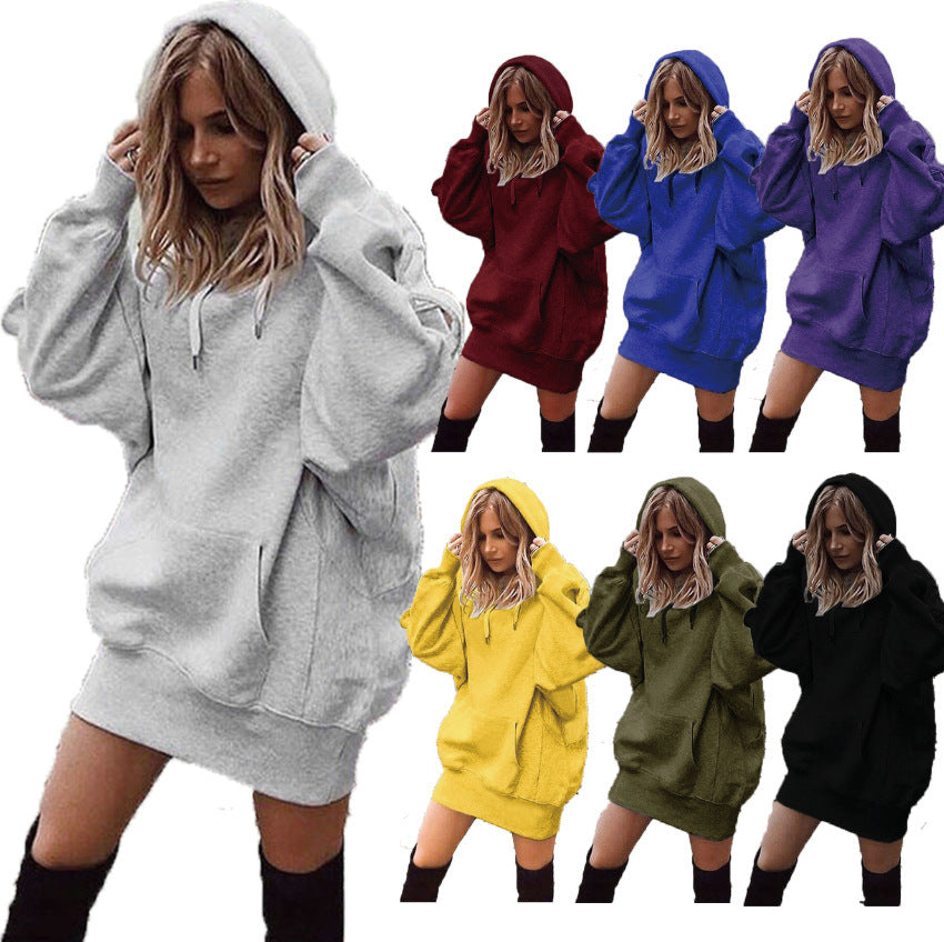 Hoodie Kleid Damen Lockerer Schnitt mit Fronttasche - 5 - Jasminaboutique.com