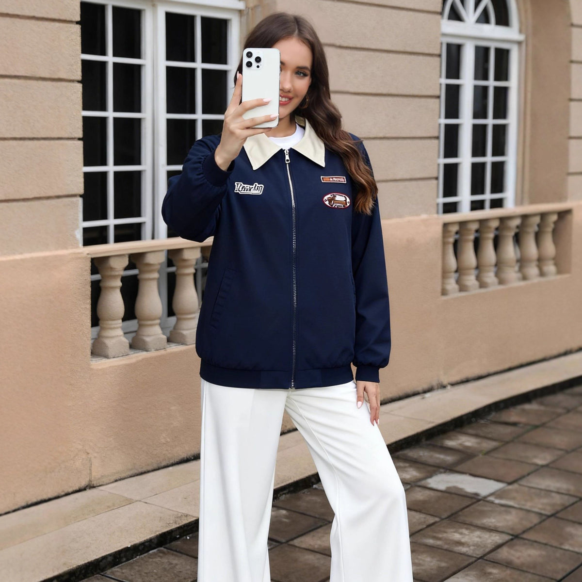 Bomberjacke Damen Relaxed Fit mit trendigen Patches - 4 - Jasminaboutique.com