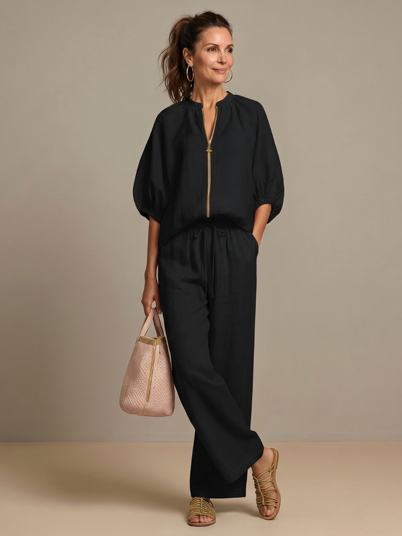 Two-Piece Set Women's Relaxed Fit with Puff Sleeves and Trousers - Image 18