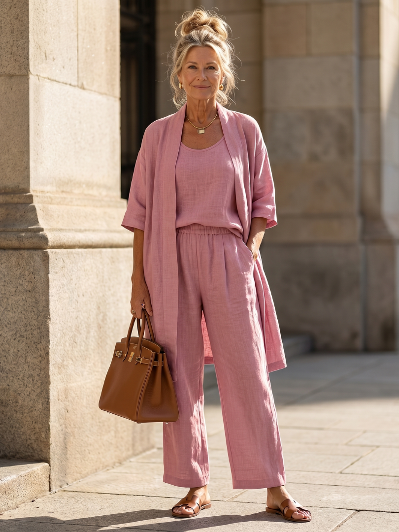 Two-Piece Set Women's Relaxed Fit Top and Pants with Matching Drape - Image 1