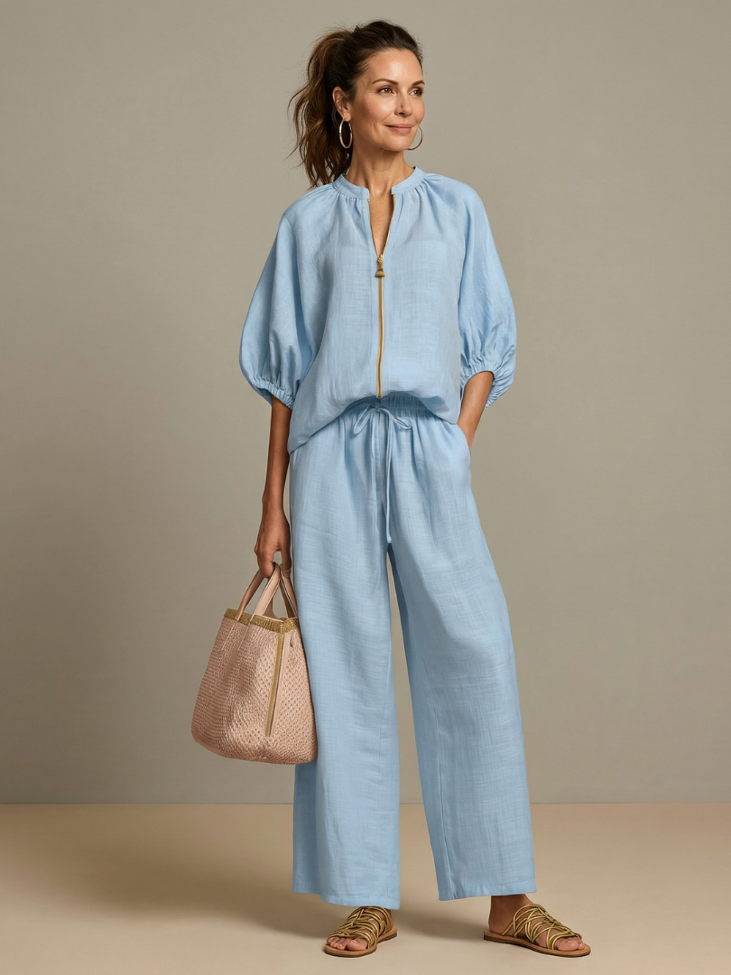Two-Piece Set Women's Relaxed Fit with Puff Sleeves and Trousers - Image 1