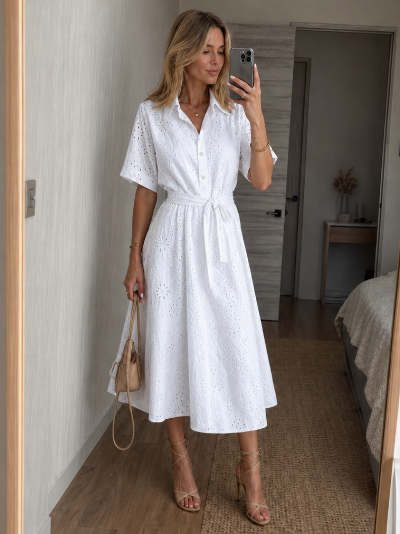 Shirt Dress Women with Floral Eyelet Design and Belted Waist - Image 1