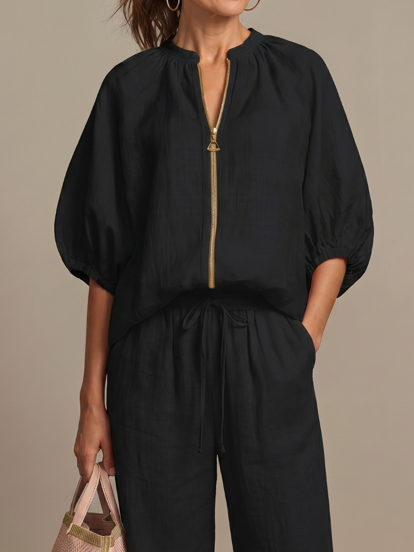 Two-Piece Set Women's Relaxed Fit with Puff Sleeves and Trousers - Image 21