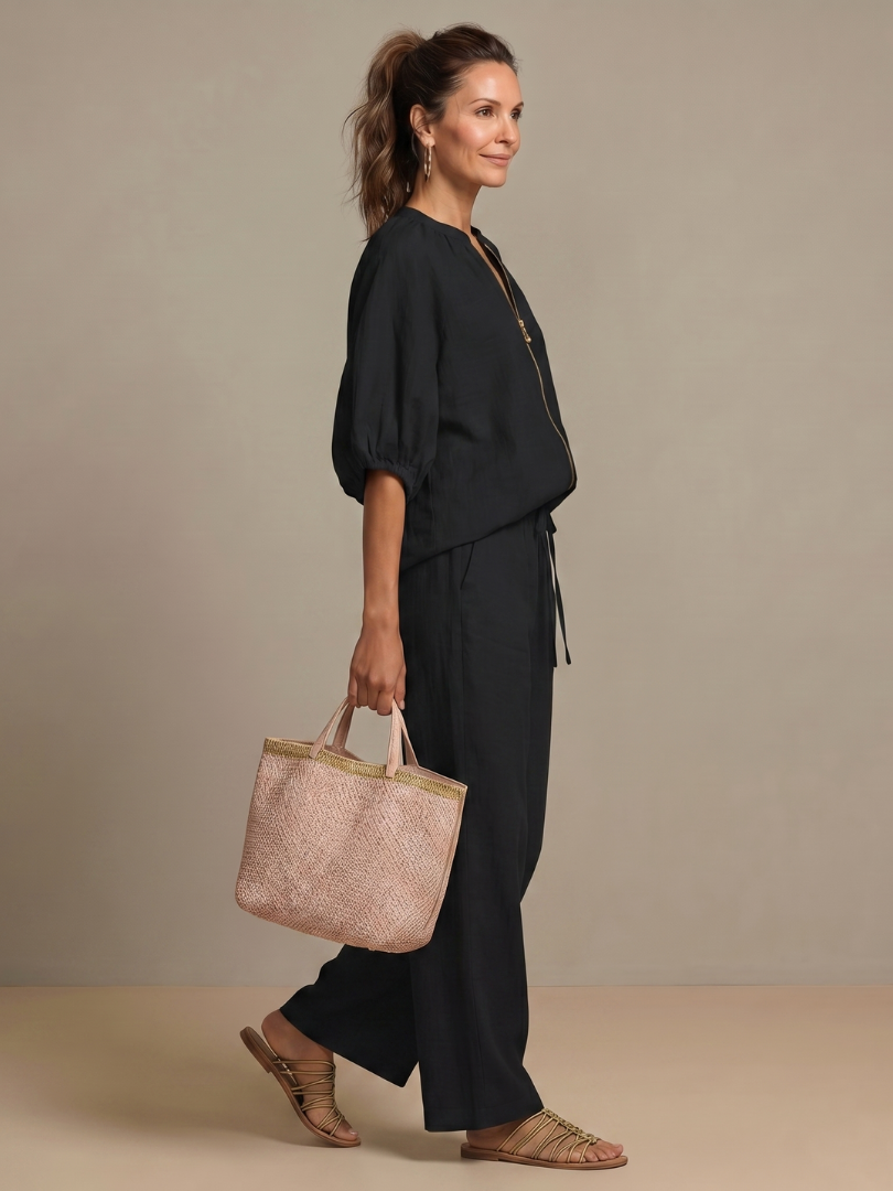 Two-Piece Set Women's Relaxed Fit with Puff Sleeves and Trousers - Image 20
