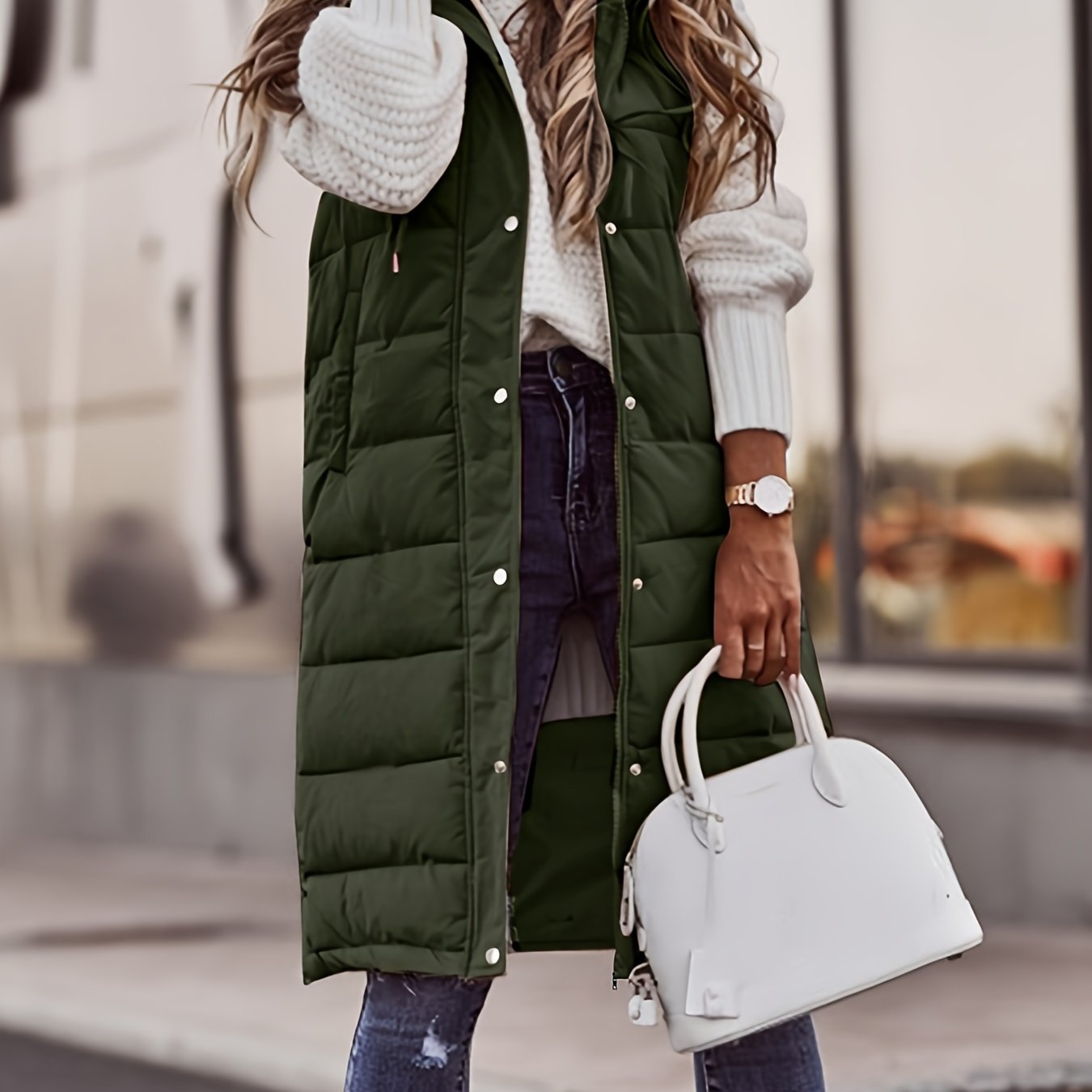 Longline Puffer Jacket Women's with Hood and Snap Closure - Image 12