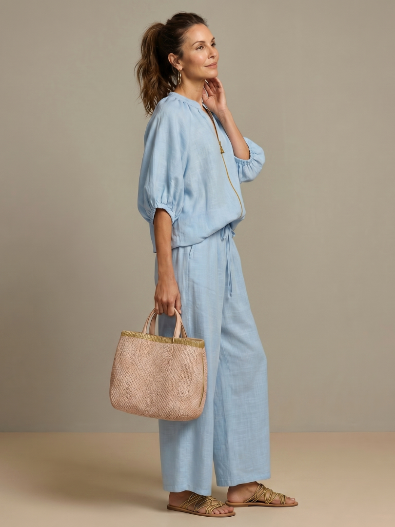 Two-Piece Set Women's Relaxed Fit with Puff Sleeves and Trousers - Image 2