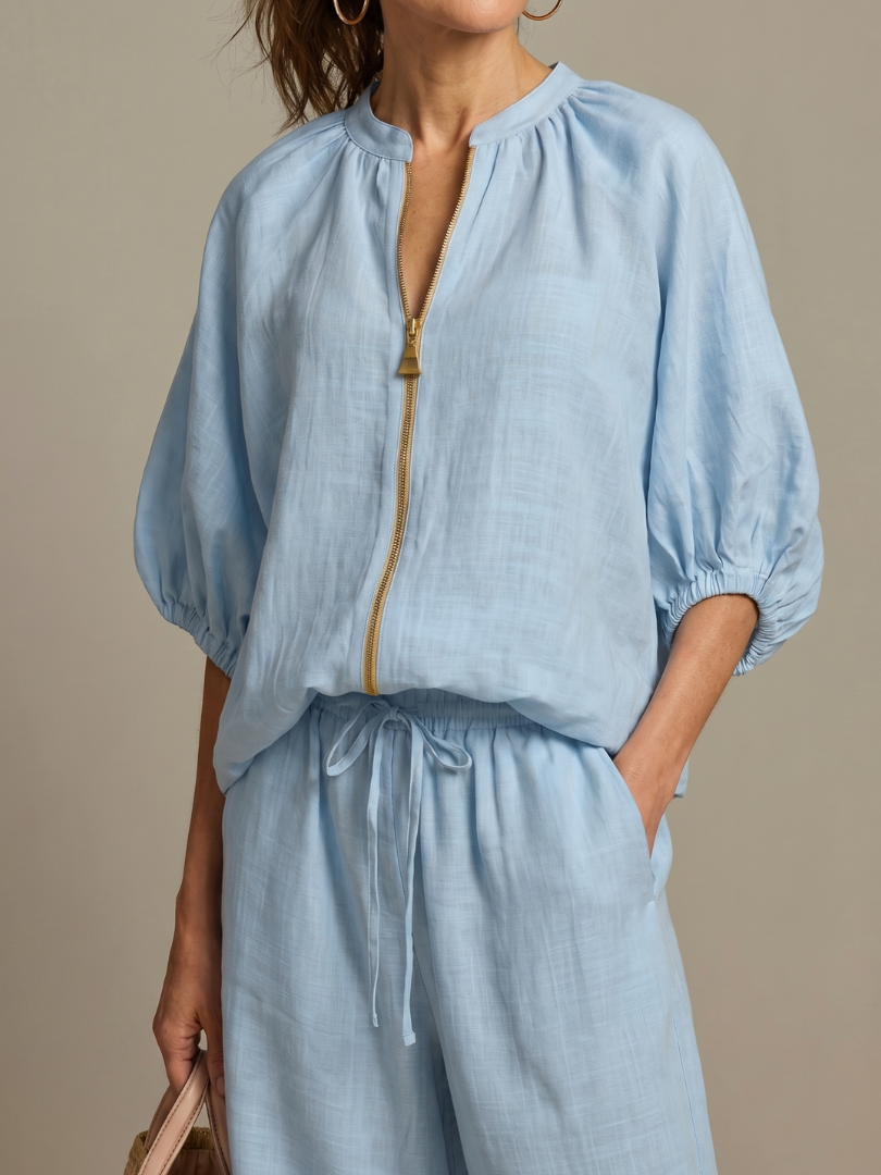 Two-Piece Set Women's Relaxed Fit with Puff Sleeves and Trousers - Image 3