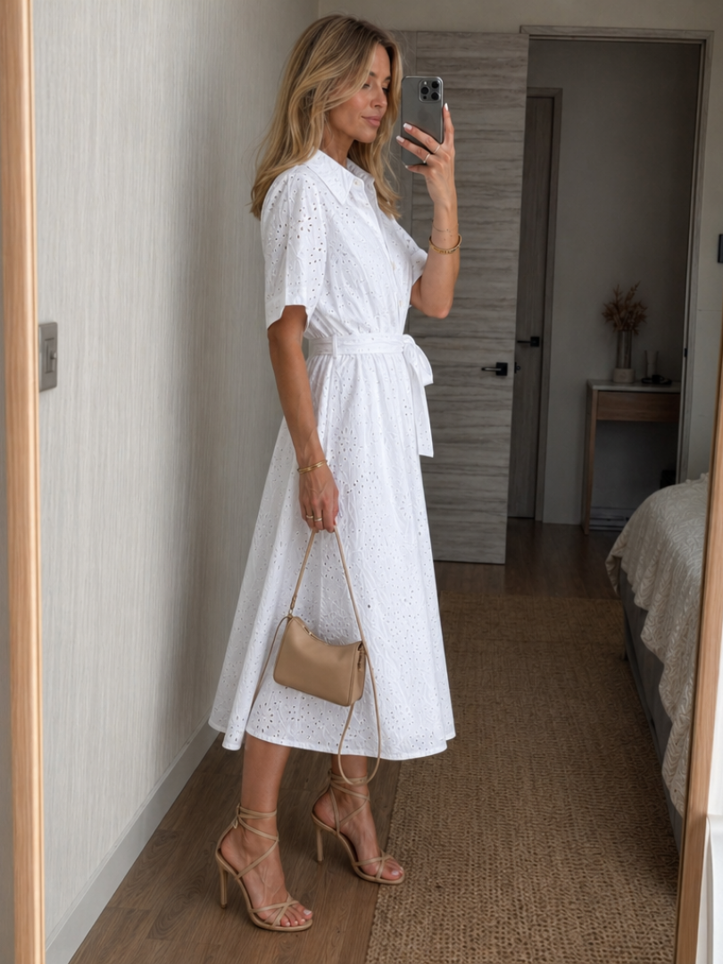 Shirt Dress Women with Floral Eyelet Design and Belted Waist - Image 2