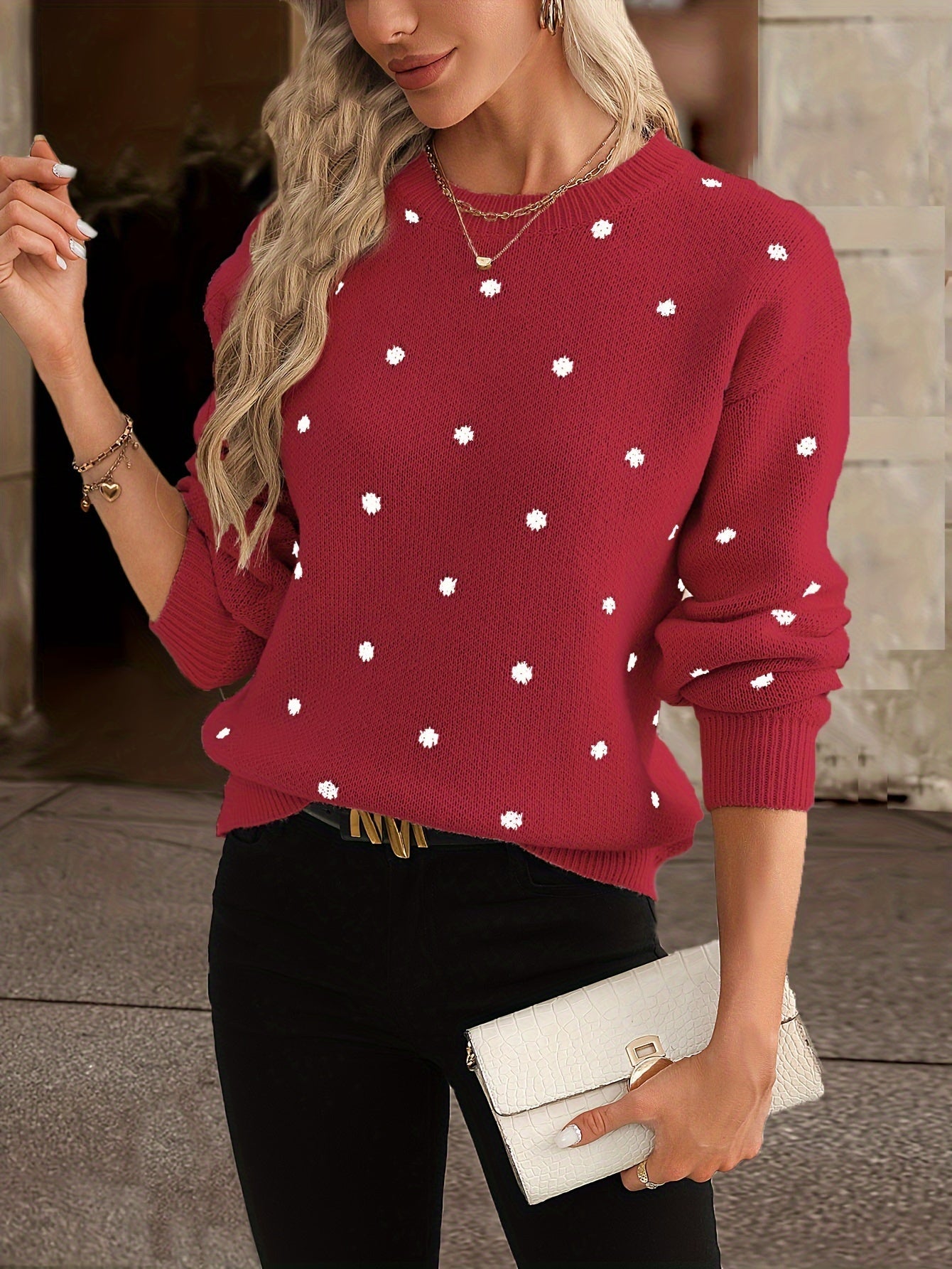 Damen Pullover mit Polka-Dots – Rundhalsausschnitt und lockere Passform | J&B - 2 - Jasminaboutique.com