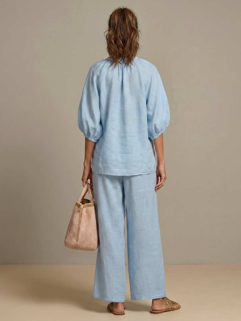 Two-Piece Set Women's Relaxed Fit with Puff Sleeves and Trousers - Image 4