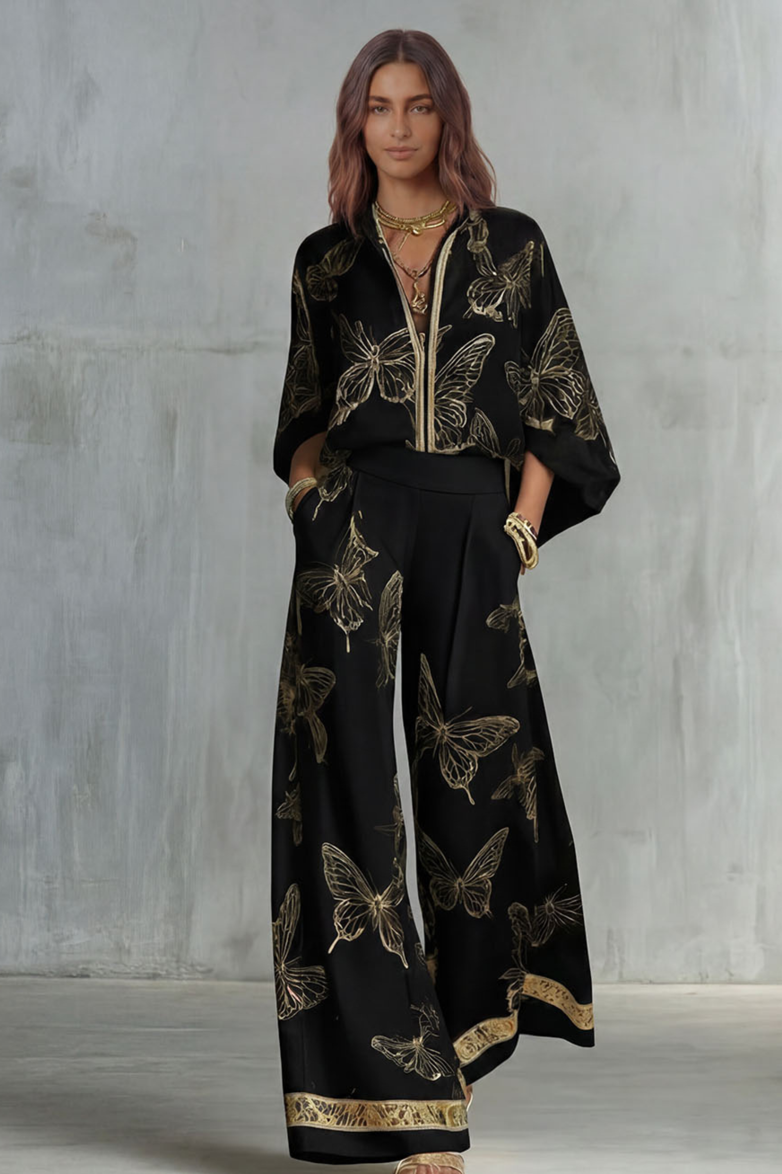 Two-Piece Set Women's Butterfly Print Blouse and Wide-Leg Pants with Gold Accents - Image 4