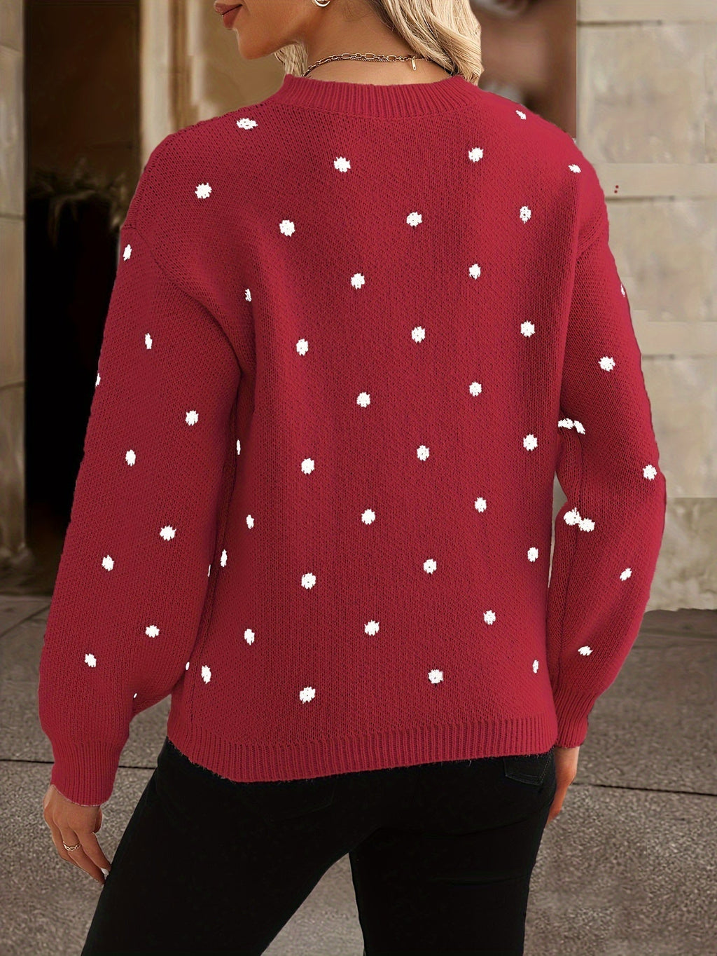 Damen Pullover mit Polka-Dots – Rundhalsausschnitt und lockere Passform | J&B - 5 - Jasminaboutique.com