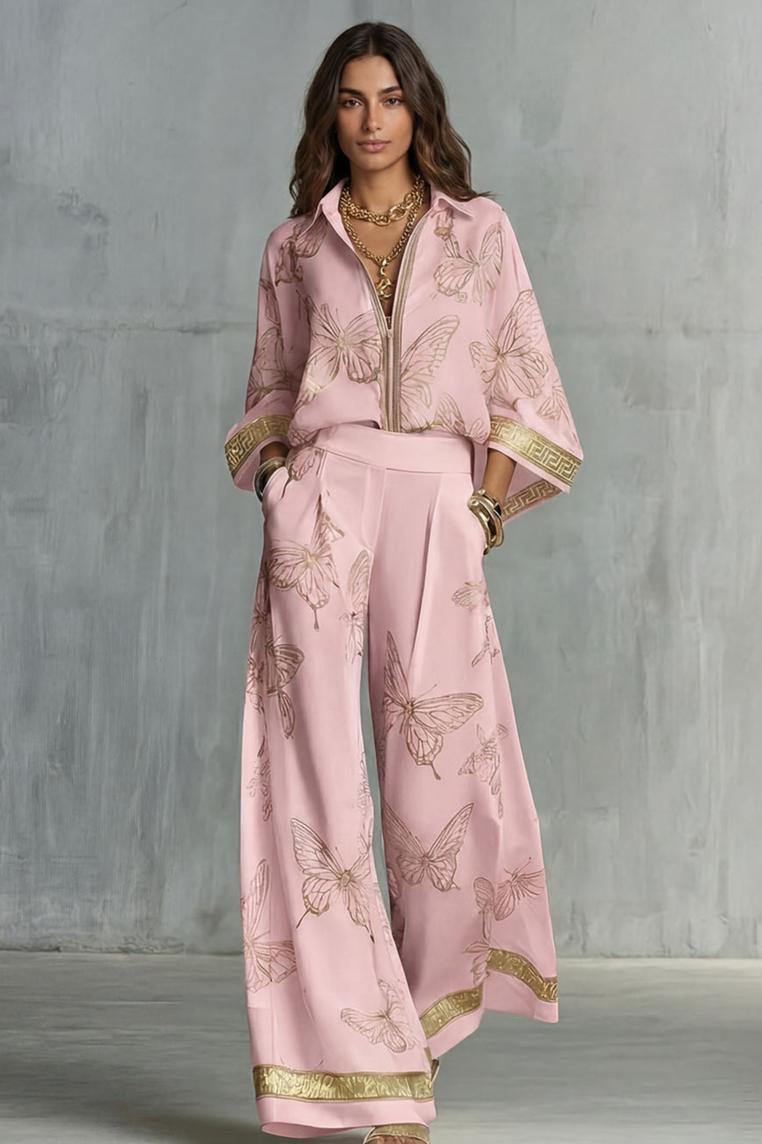 Two-Piece Set Women's Butterfly Print Blouse and Wide-Leg Pants with Gold Accents - Image 6