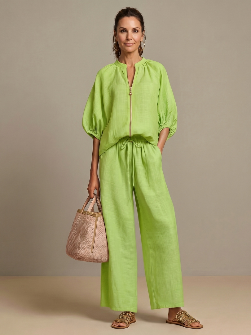 Two-Piece Set Women's Relaxed Fit with Puff Sleeves and Trousers - Image 7