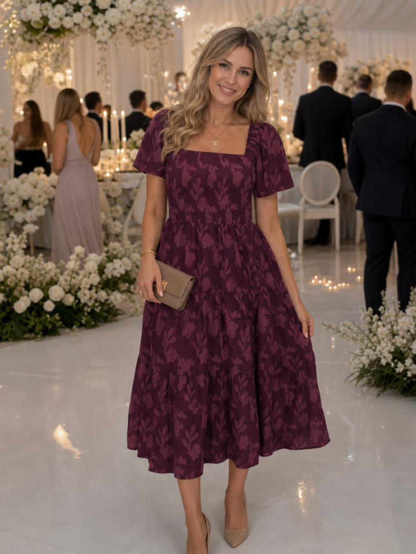 Midi Dress Women's Square Neck Puff Sleeve with Floral Design - Image 8