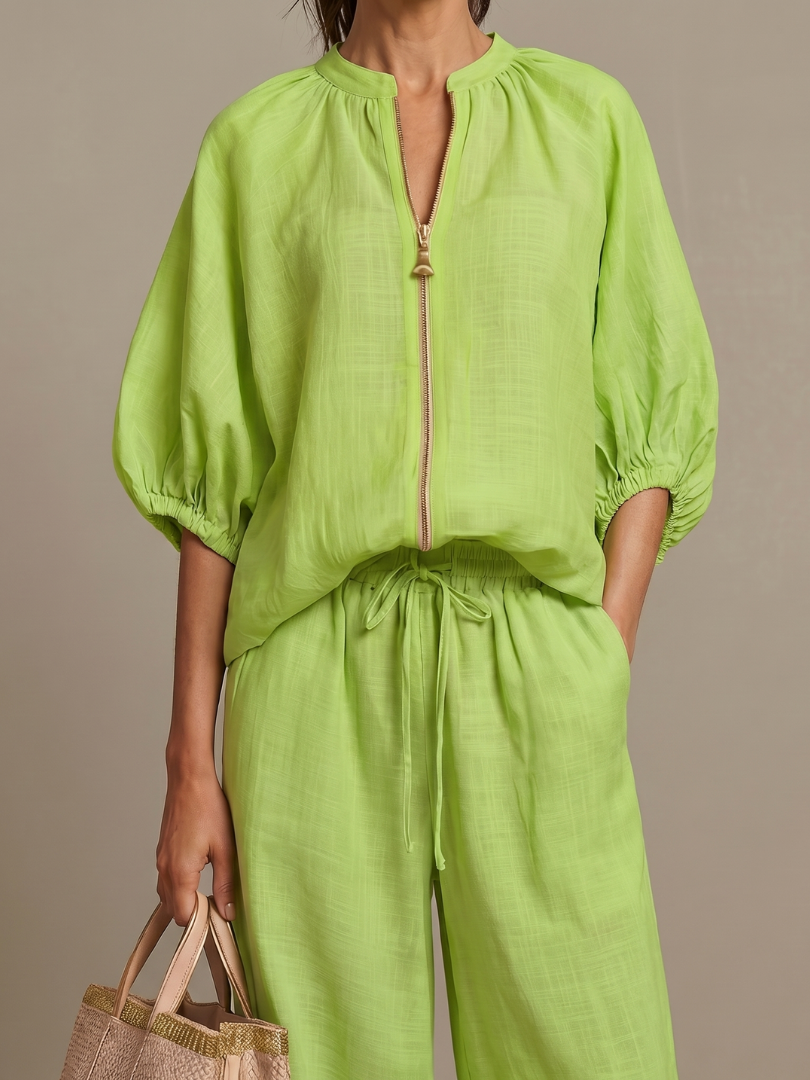 Two-Piece Set Women's Relaxed Fit with Puff Sleeves and Trousers - Image 9