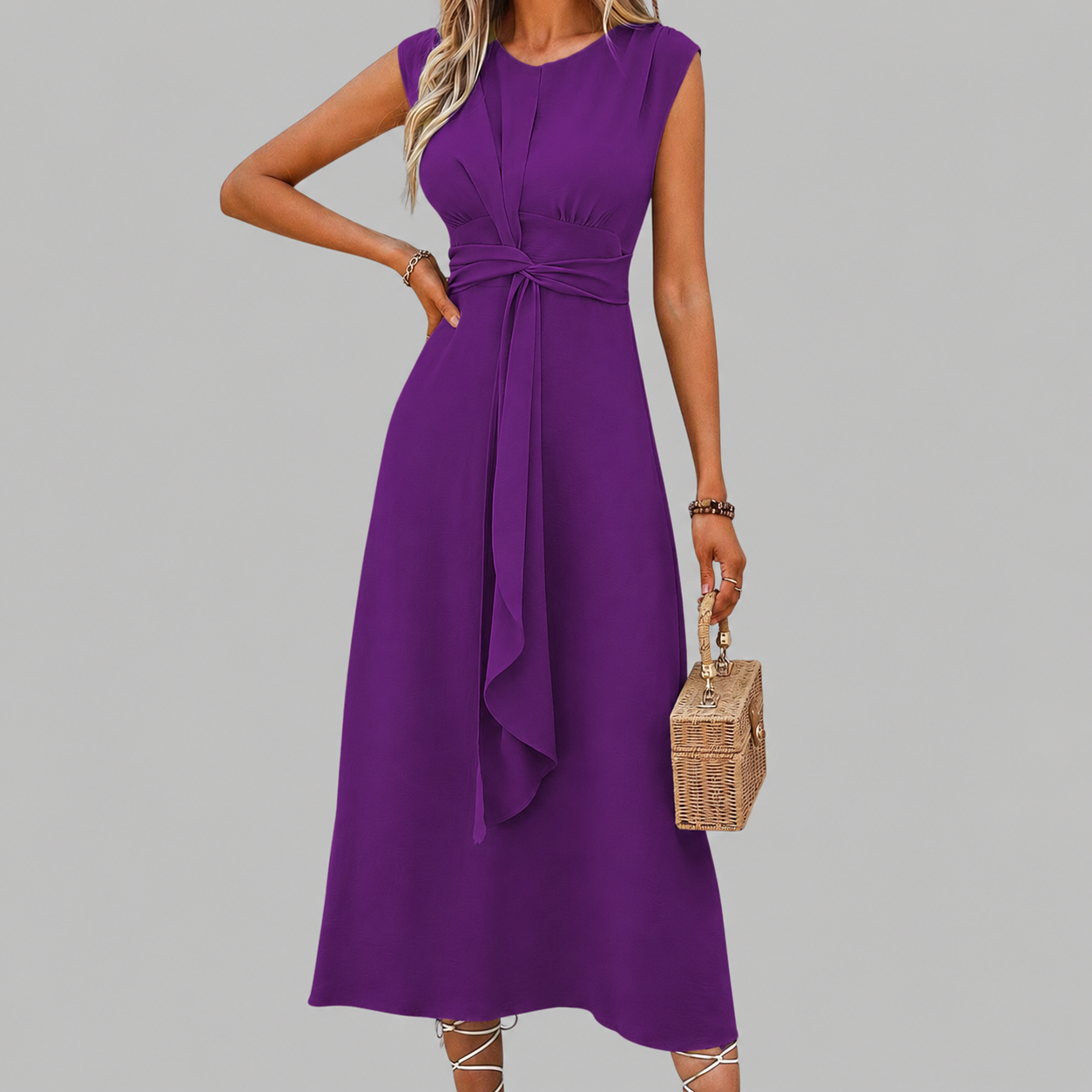 Lena – Damen Midikleid ohne Ärmel mit Rundhalsausschnitt