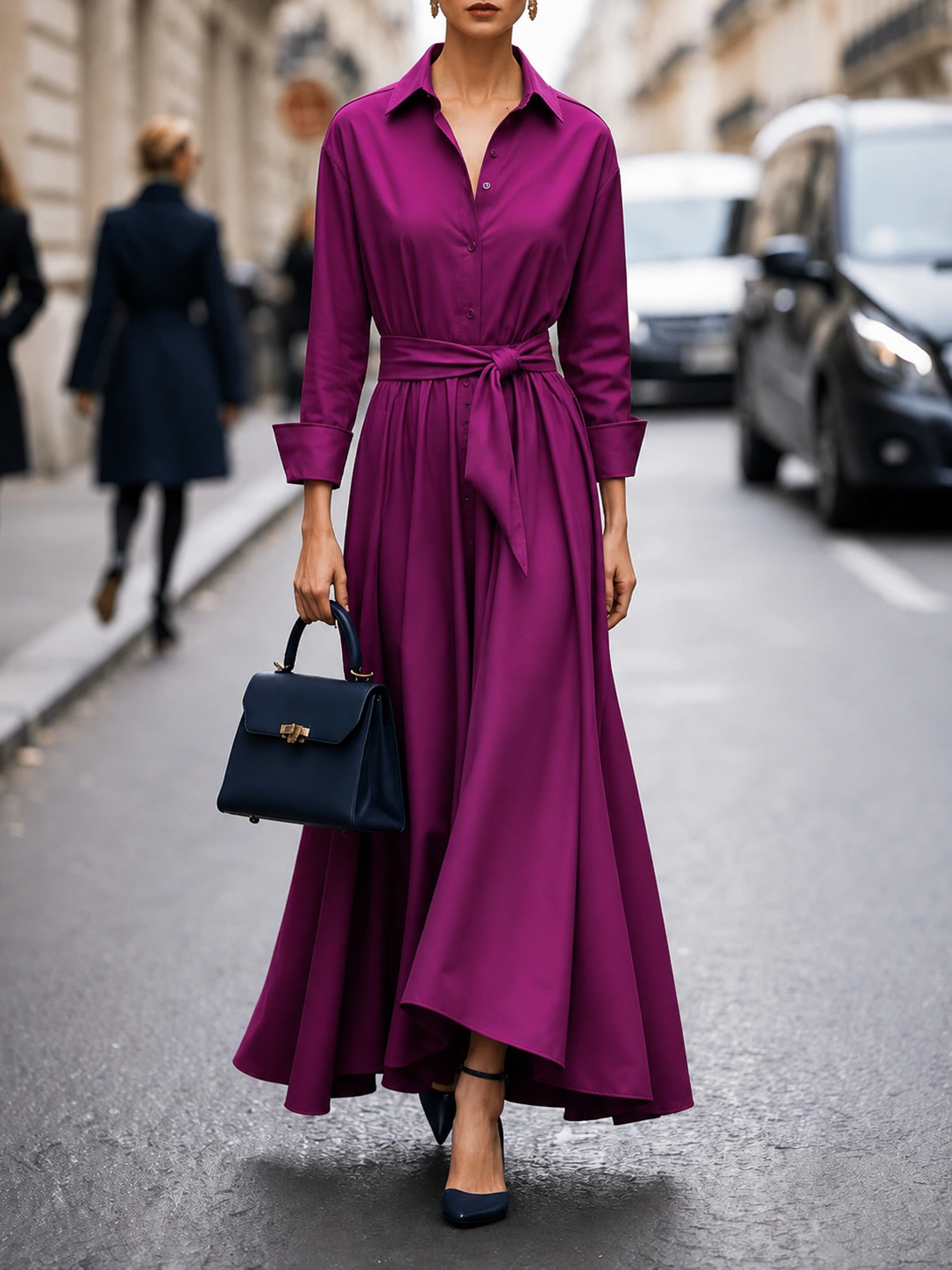 Vanessa – Damen Maxikleid mit langen Ärmeln und Bindegürtel