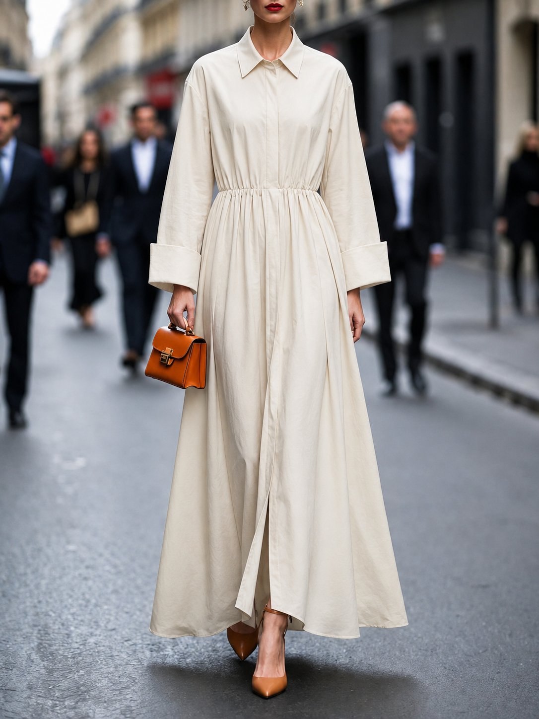 Vanessa – Damen Maxikleid mit langen Ärmeln und Bindegürtel
