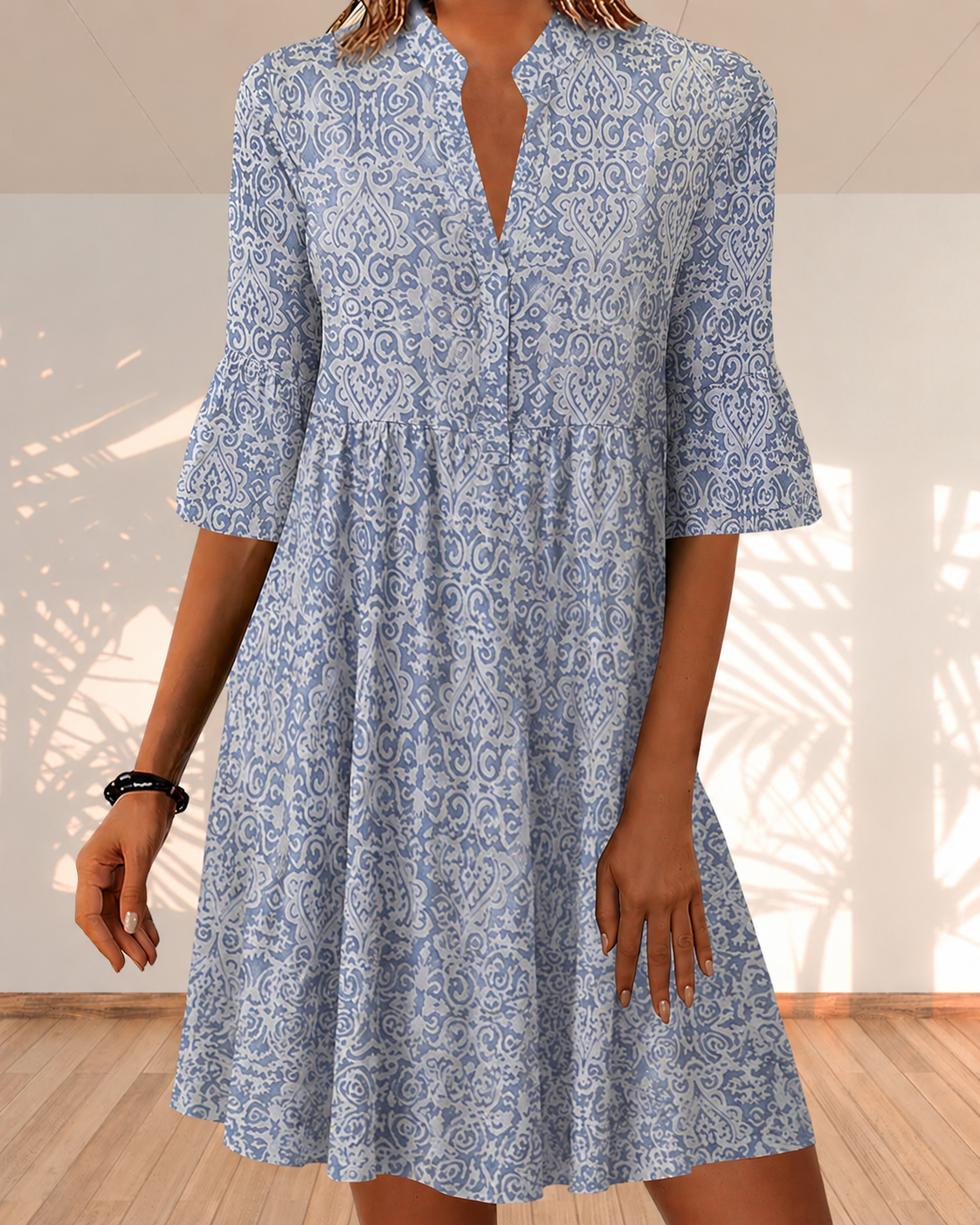 Verena – Elegantes Damenkleid im Boho-Design mit V-Ausschnitt und 3/4-Ärmeln