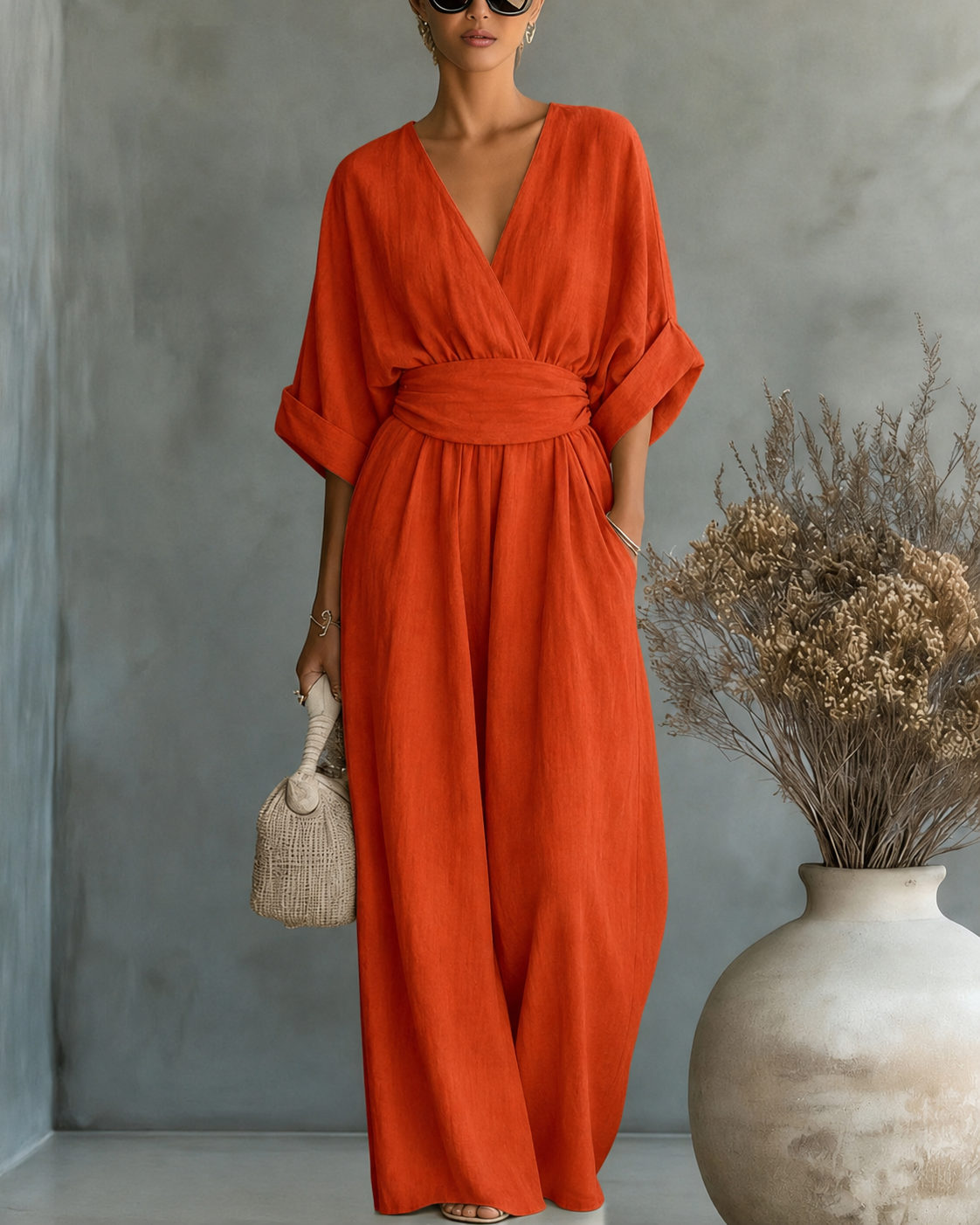 Annemarie – Stilvoller Jumpsuit mit tiefem V-Ausschnitt für jede Gelegenheit