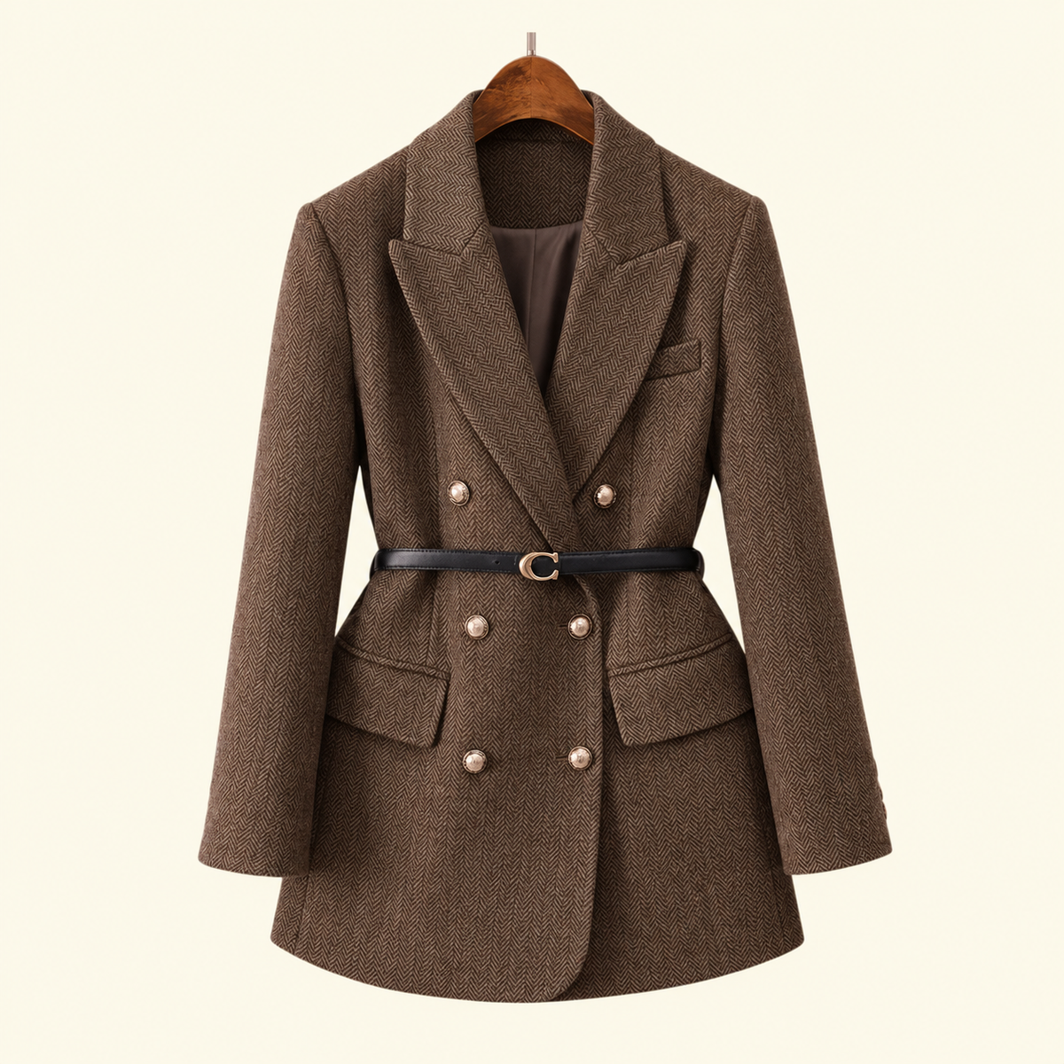 Doppelreihiger Tweed-Blazer für Damen mit Gürtel in der Taille | J&B
