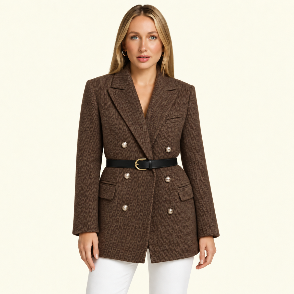 Doppelreihiger Tweed-Blazer für Damen mit Gürtel in der Taille | J&B