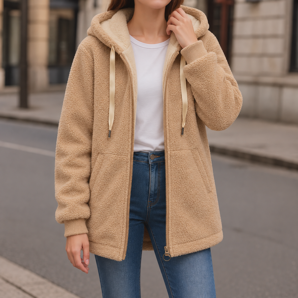 Fleecejacke Damen in Longline-Form mit Kapuze und Taschen | J&B