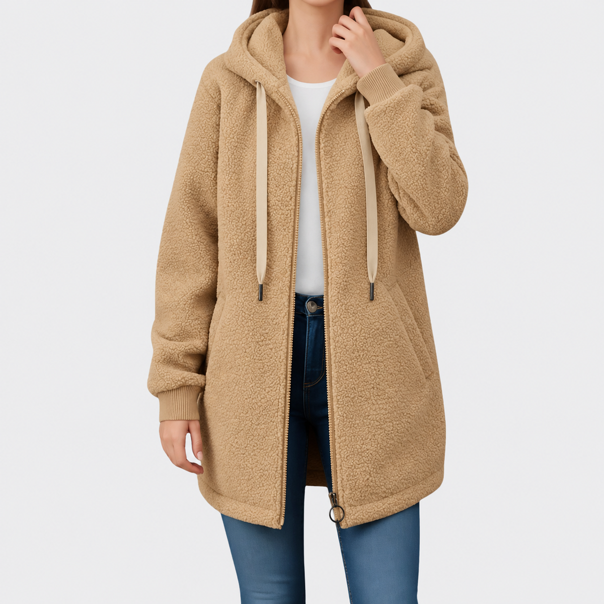 Fleecejacke Damen in Longline-Form mit Kapuze und Taschen | J&B