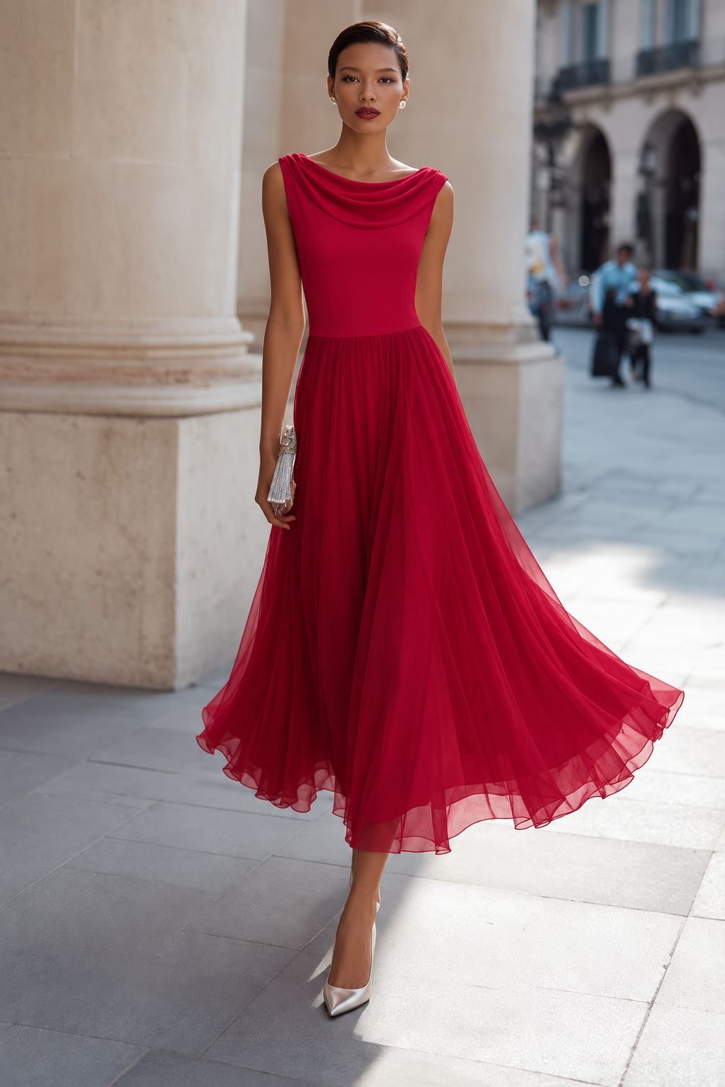 Midi-Kleid für Damen im eleganten Plissee-Stil mit Wasserfallausschnitt | J&B