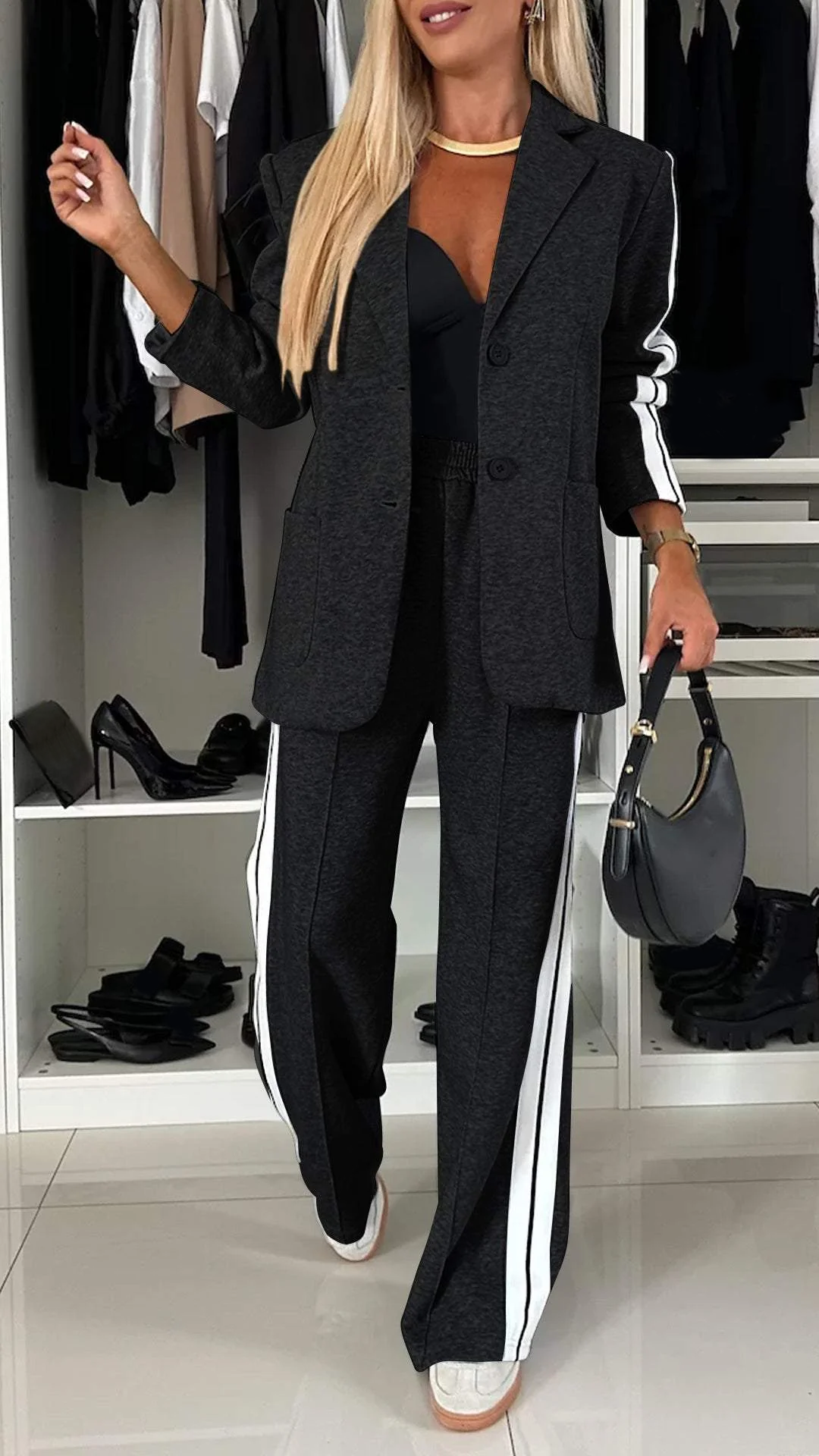 Two-Piece Set Women's Relaxed Fit Blazer and Pants with Stripes - Image 6