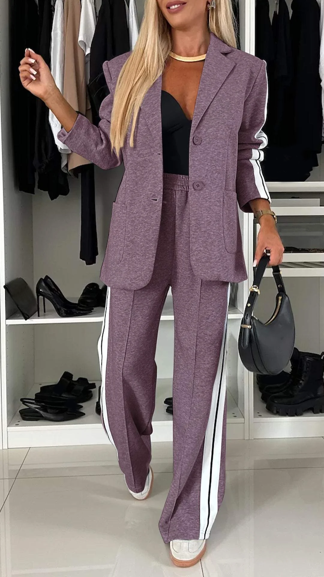Two-Piece Set Women's Relaxed Fit Blazer and Pants with Stripes - Image 8