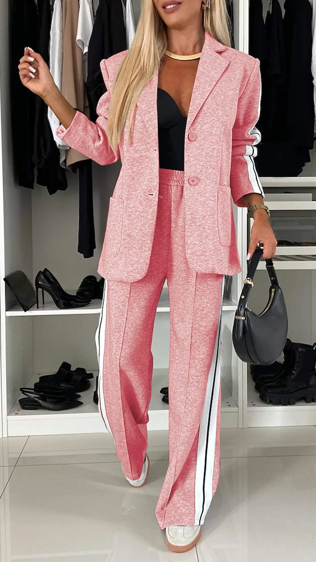 Two-Piece Set Women's Relaxed Fit Blazer and Pants with Stripes - Image 10