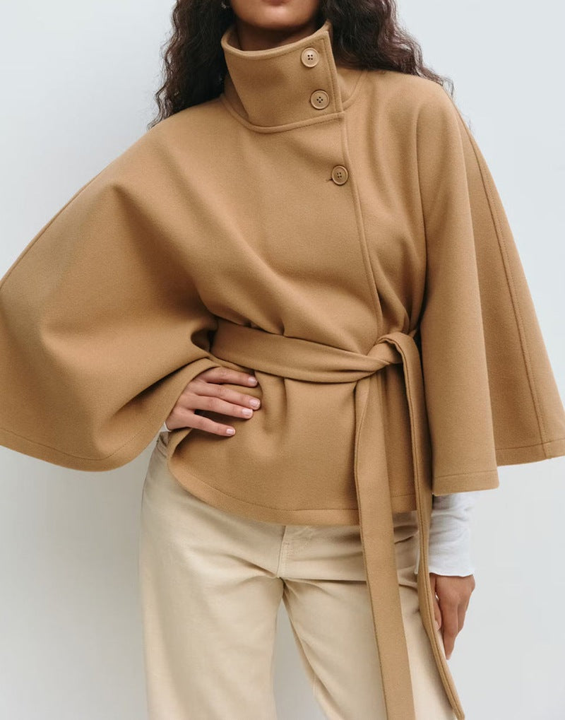 Cropped Jacket Women's with Belted Waist and High Collar - Image 1