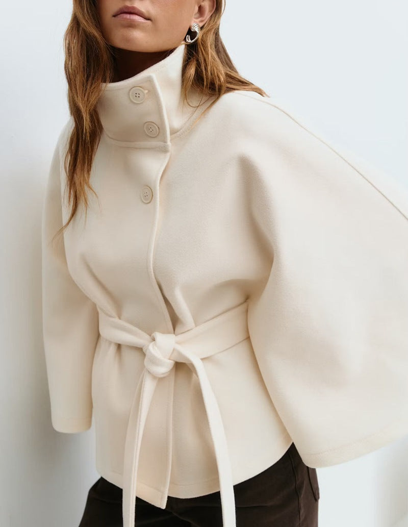 Cropped Jacket Women's with Belted Waist and High Collar - Image 5