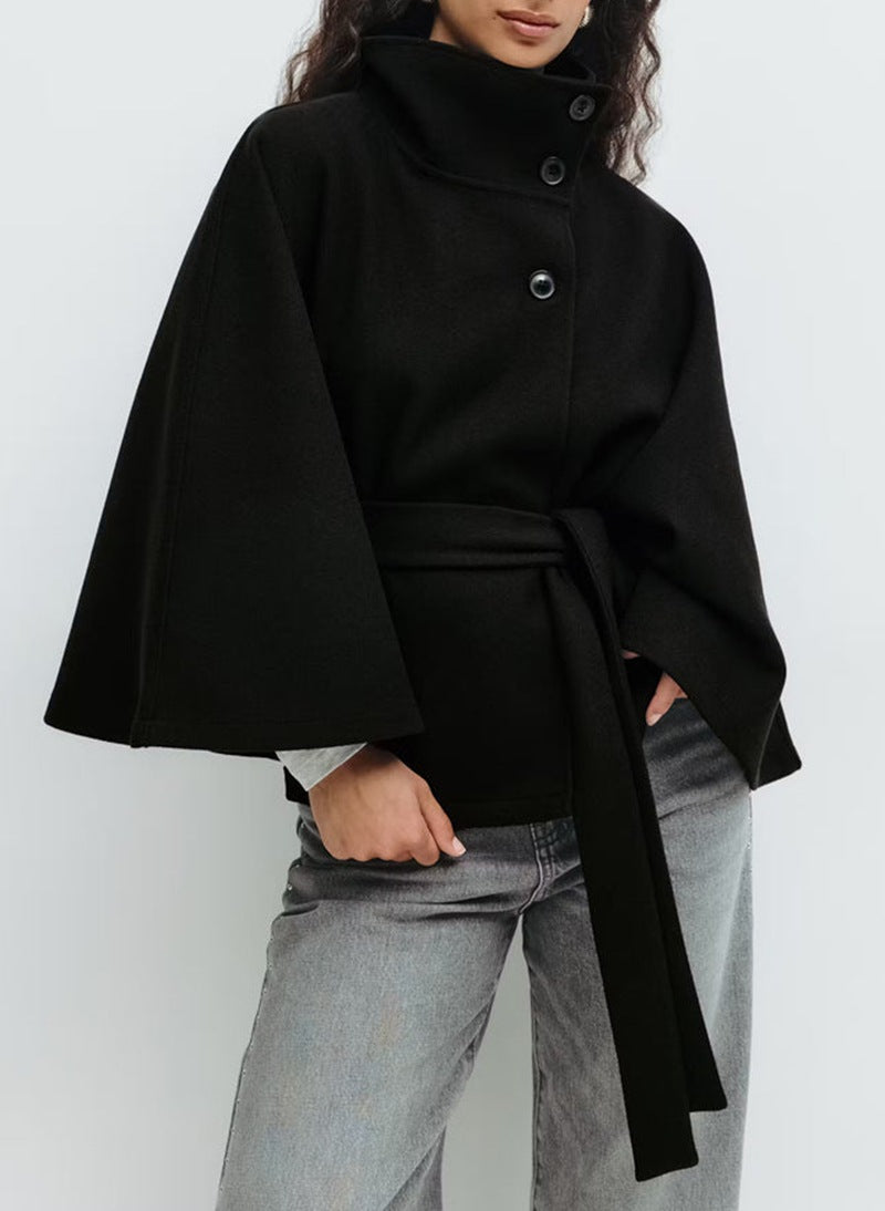 Cropped Jacket Women's with Belted Waist and High Collar - Image 6