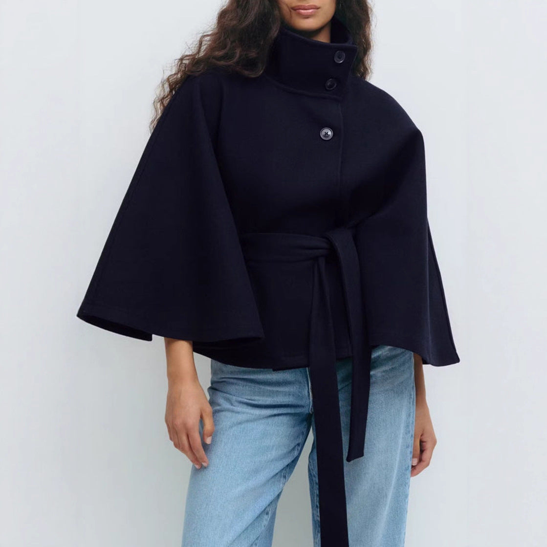 Cropped Jacket Women's with Belted Waist and High Collar - Image 7