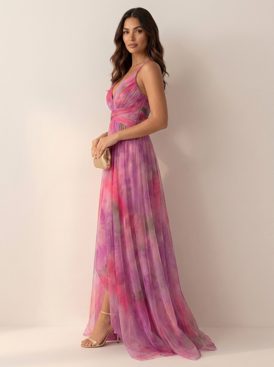 Maxi Dress Women's Watercolor Print with High Slit - Image 8